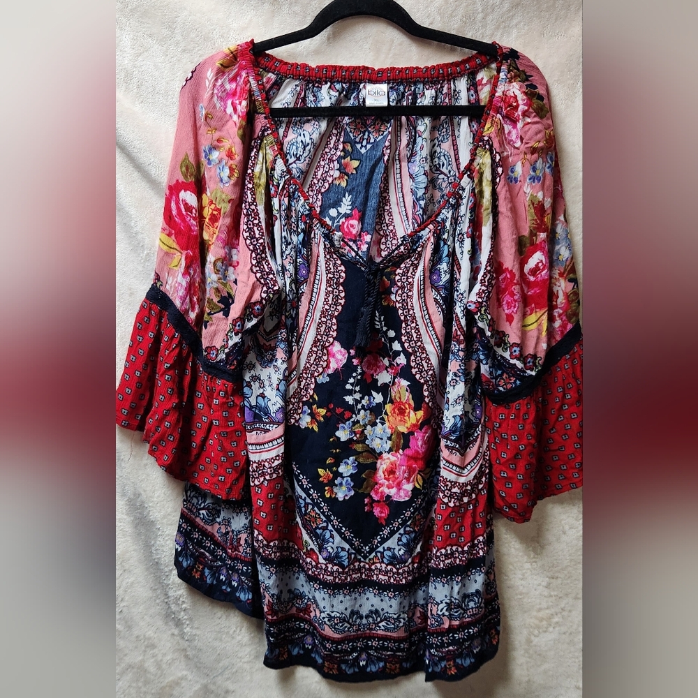 Bila Boho Graphic Red and Pink Bell Sleeve Blouse
